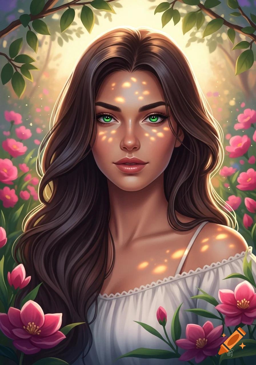 Digital painting of a woman with long brown hair and vibrant green eyes ...