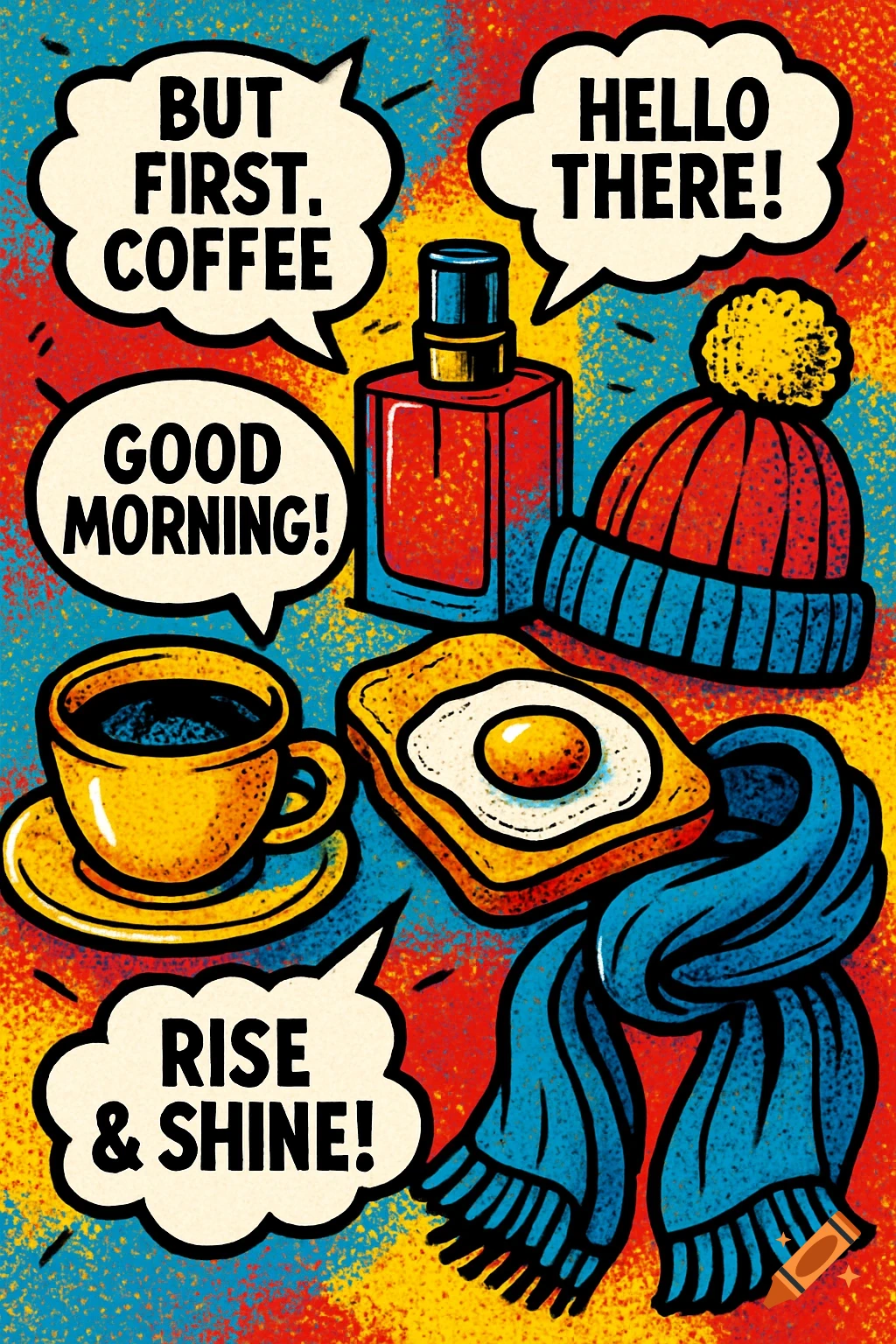 Pop art illustration with a coffee cup, toast with egg, perfume, beanie, and scarf, surrounded by speech bubbles with morning greetings.
