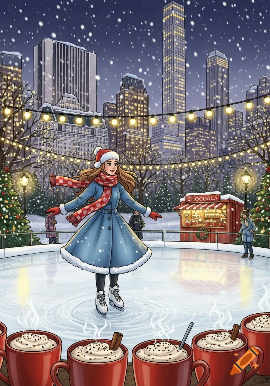 A Shojo-style illustration of a girl ice skating in a snowy New York City park at night, with a cocoa stand and many steaming mugs of hot cocoa in the foreground.