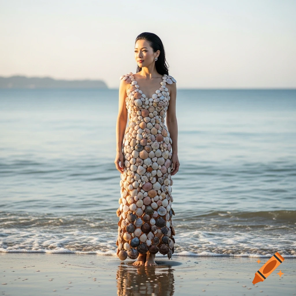 A Japanese woman wearing a floor-length dress made of various seashells, standing in the shallow ocean water on a beach.