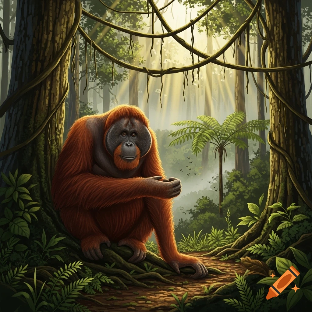 A detailed illustration of an orangutan sitting in a lush green jungle with sunlight filtering through the trees.