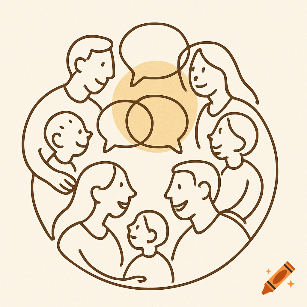 A simple line pictogram of a group of families in a circle with speech bubbles, suggesting communication and collaboration.