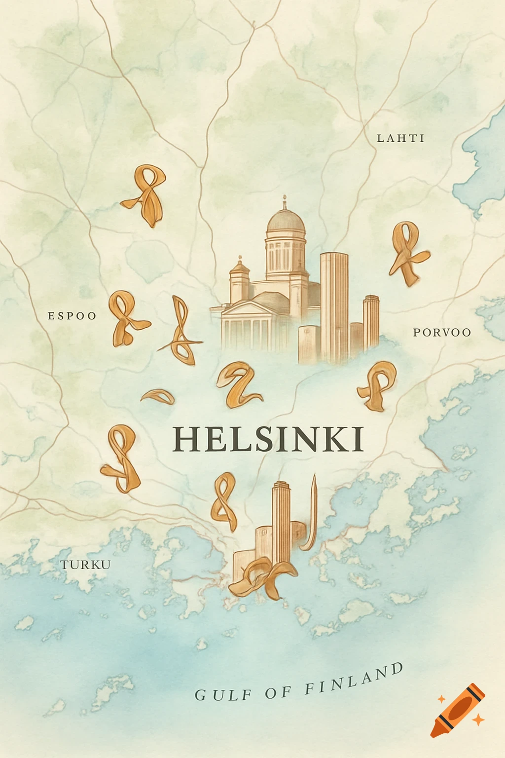 A watercolor map of Southern Finland, highlighting Helsinki with abstract golden markers for architecture, showing cities like Espoo, Lahti, and Turku.