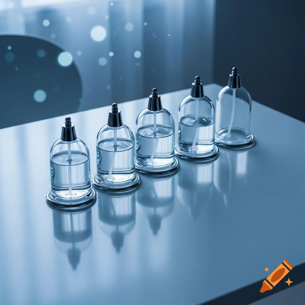 Five clear glass wet cupping cups with water and internal tubes, lined up on a reflective white surface with blue bokeh lights in the background.