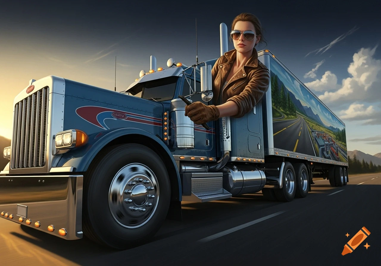 A woman in a brown leather jacket and sunglasses leans from a blue semi-truck on a highway at sunset.