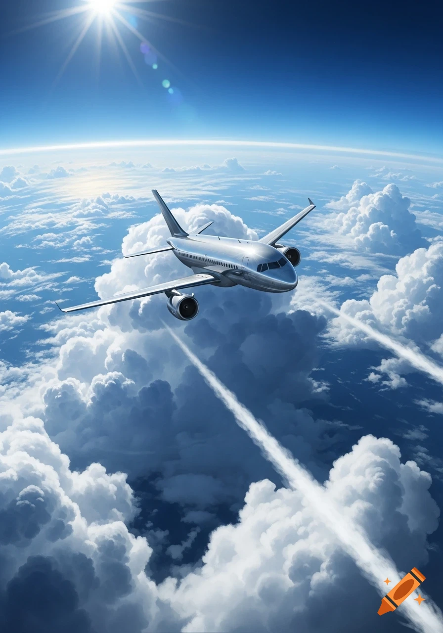 A silver airplane flies high above a thick layer of white clouds under a bright blue sky with a shining sun.