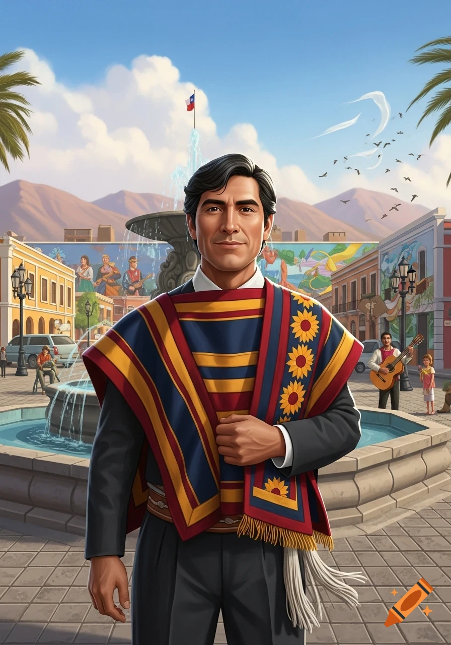 A smiling Chilean man in a traditional poncho stands in a town square with a fountain, murals, and mountains.