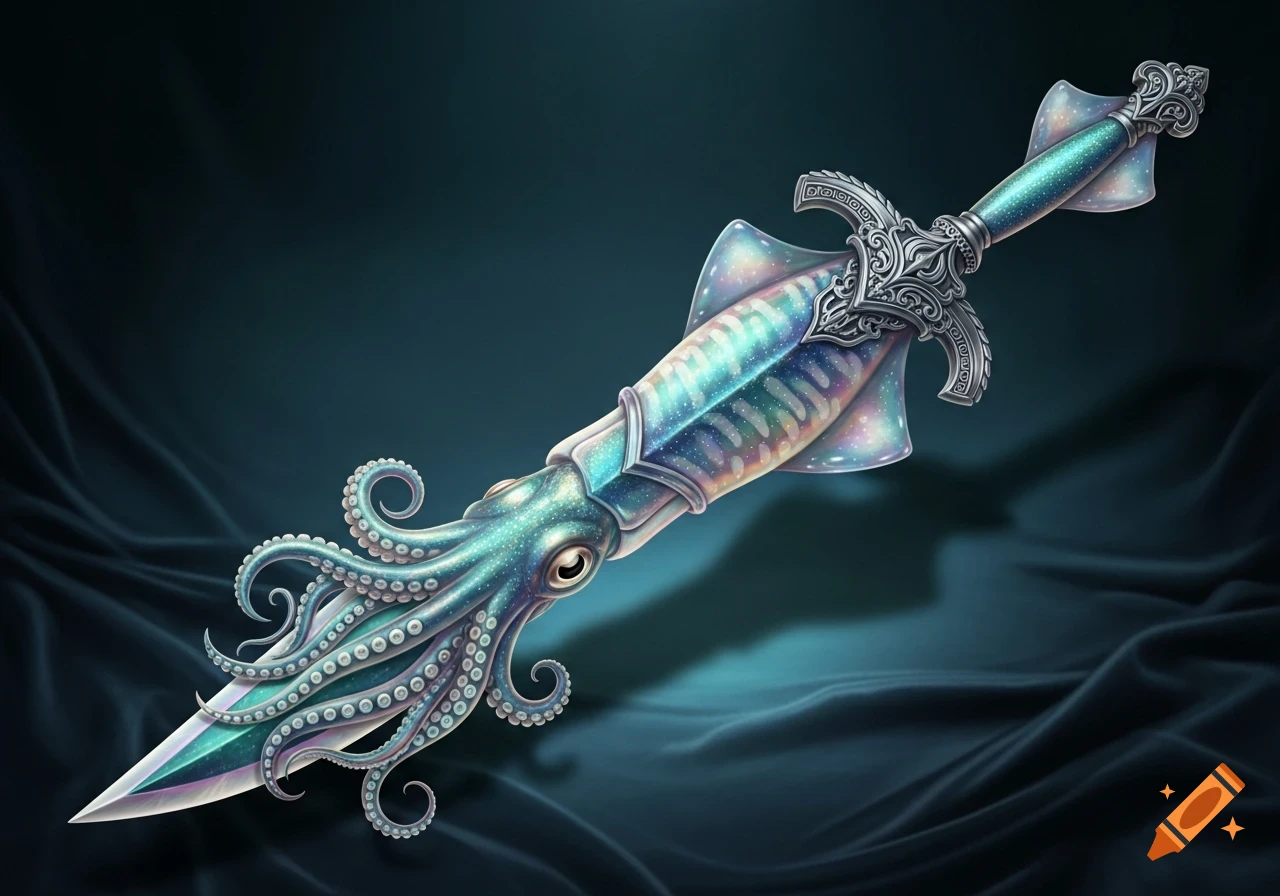 A highly detailed, stylized sword with a blade and hilt crafted from a bioluminescent squid, featuring tentacles and an eye.