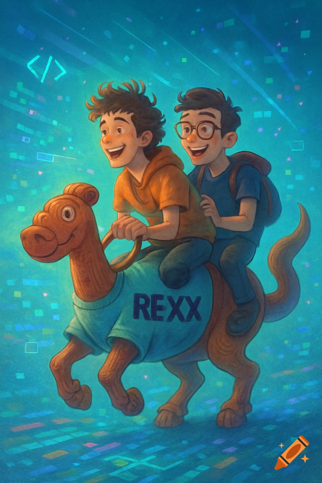 Two happy cartoon boys ride a brown dinosaur wearing a REXX shirt, against a bright blue background with coding symbols.