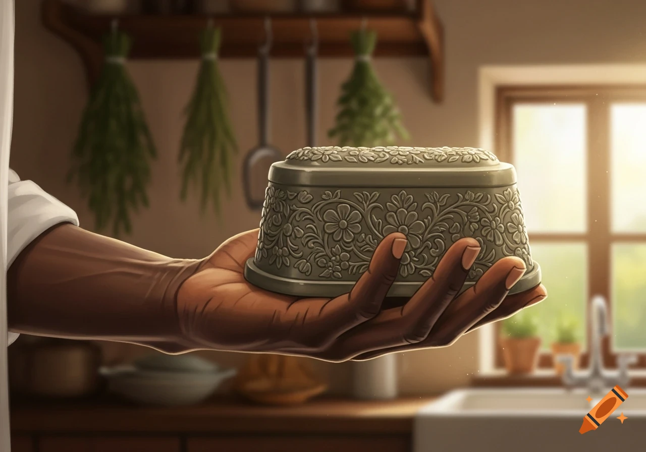 A dark-skinned hand holds a grey, ornate rectangular box in a sunlit kitchen.