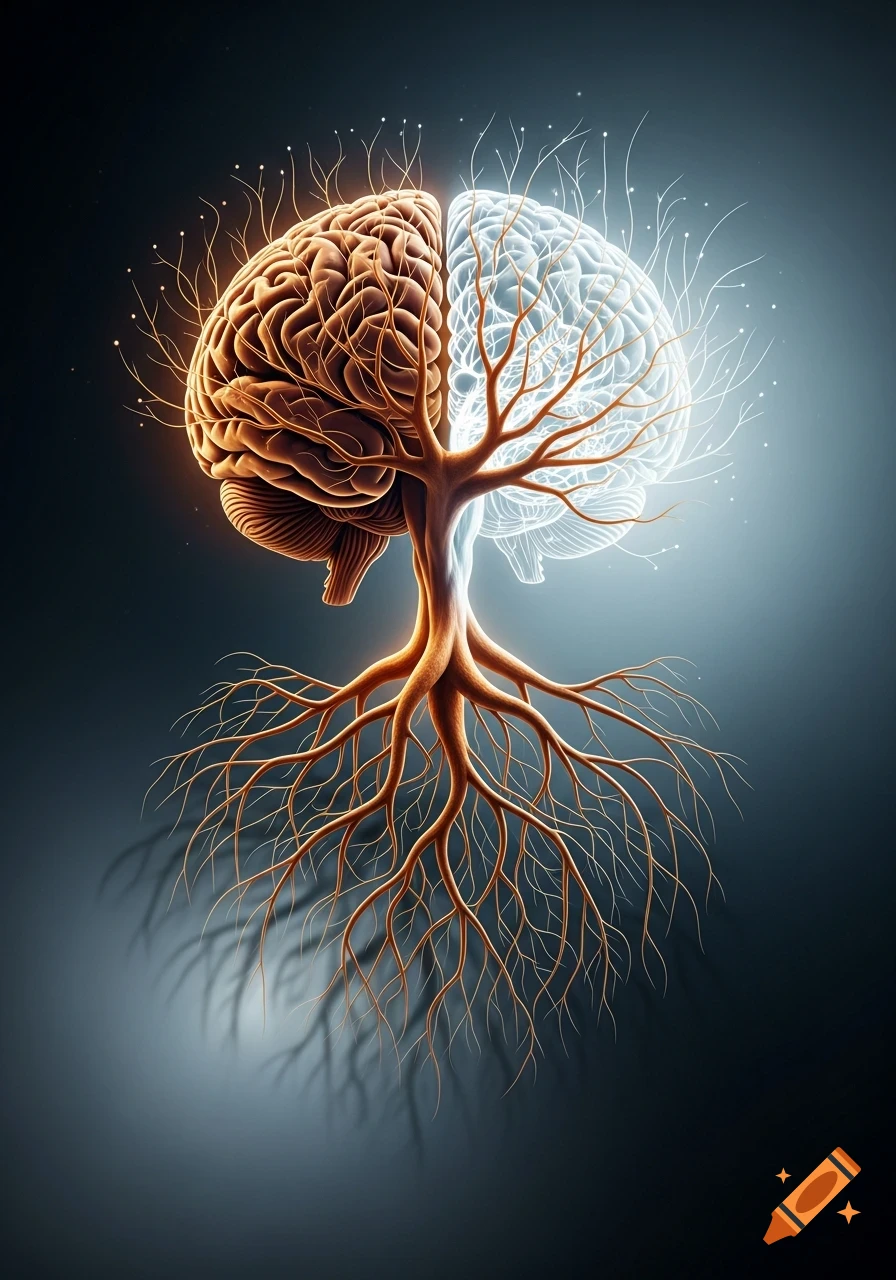 A conceptual image of a brain-tree, one half warm and organic, the other glowing white and ethereal, on a dark background.