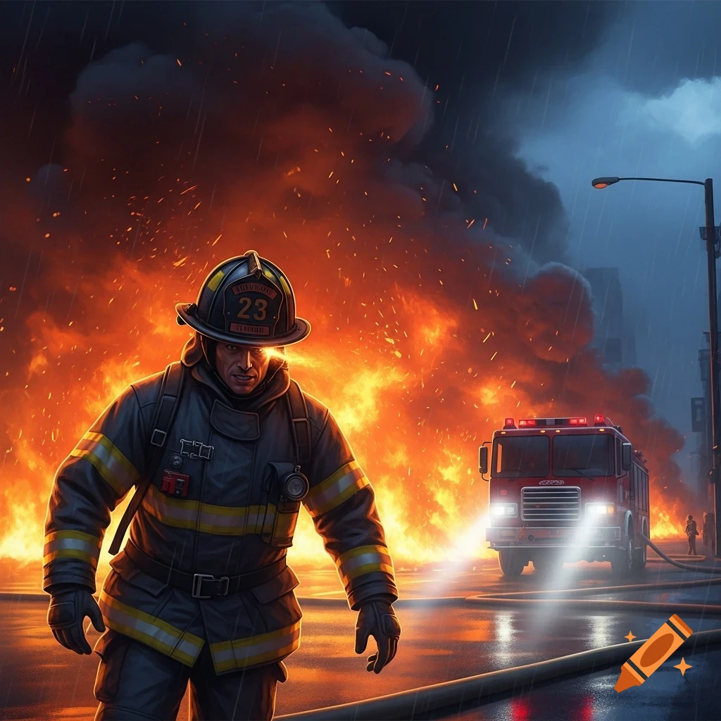 A stoic firefighter in a helmet and gear stands against a backdrop of a massive fire and smoke, with a fire truck behind him.
