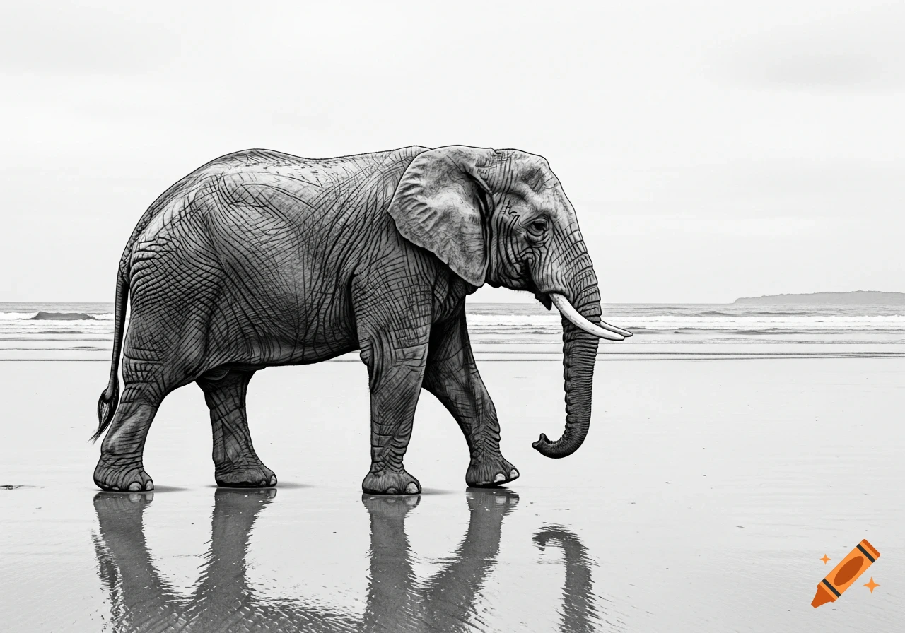 A black and white sketch of an elephant walking on a wet sandy beach with ocean waves in the background.