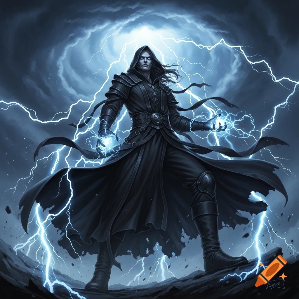 A pale-skinned storm sorcerer in black robes, standing on a rocky surface, conjures lightning amidst a stormy, cloudy sky.