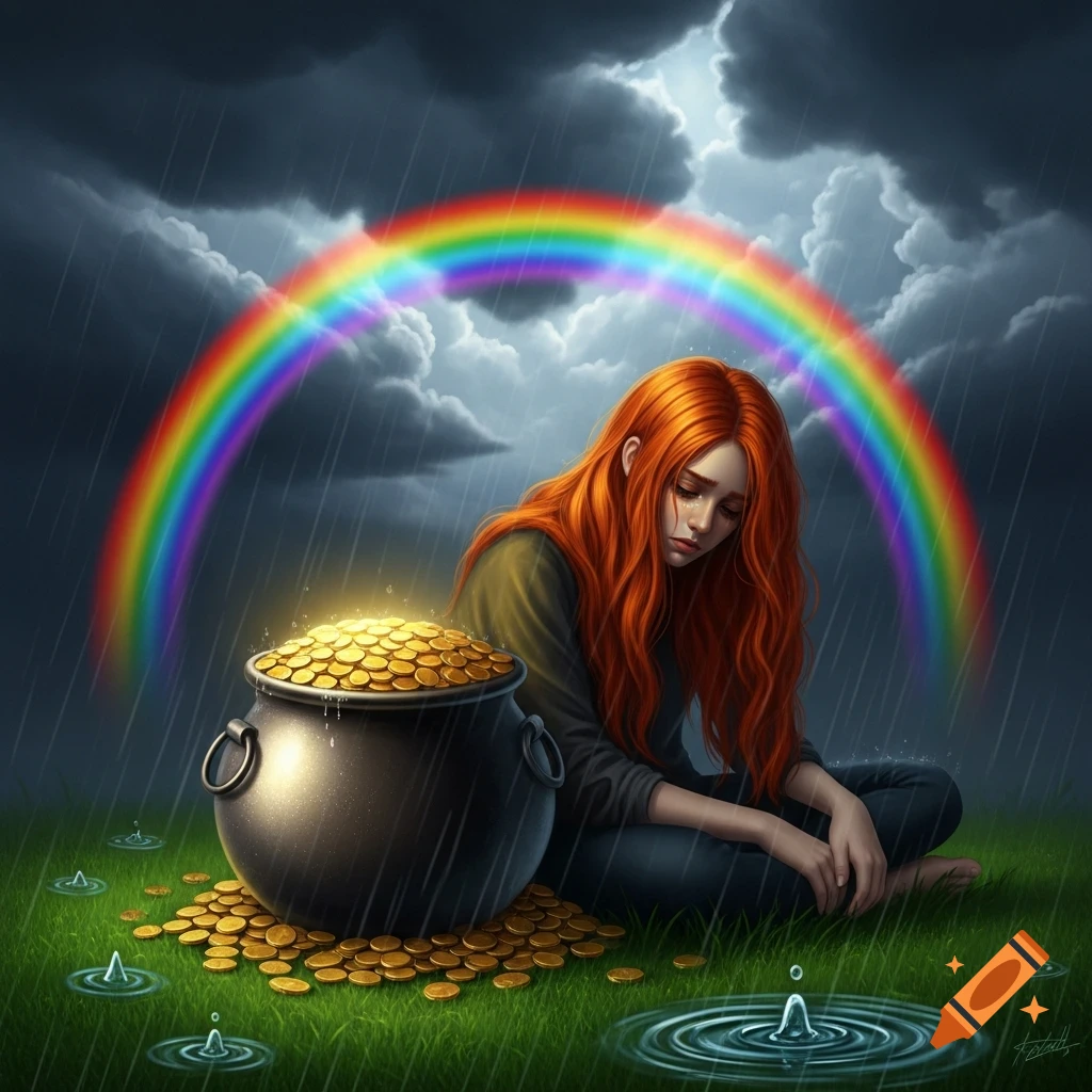 A sad red-headed woman sits by a pot of gold in a rainy field under a rainbow and stormy sky. Digital art.