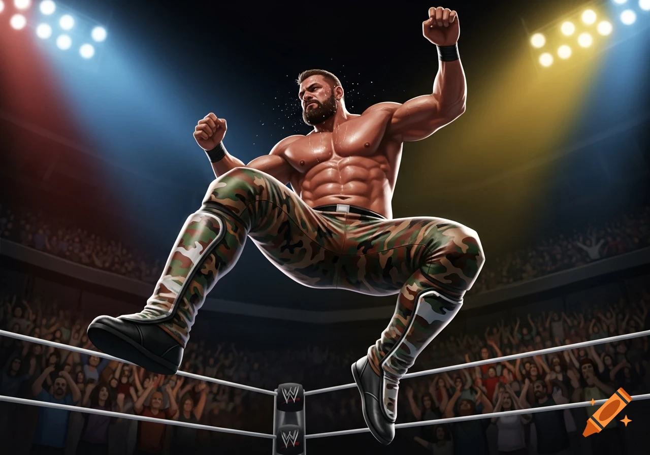 A muscular male wrestler in camouflage leggings leaps dynamically in a wrestling ring, surrounded by a cheering crowd under stadium lights.