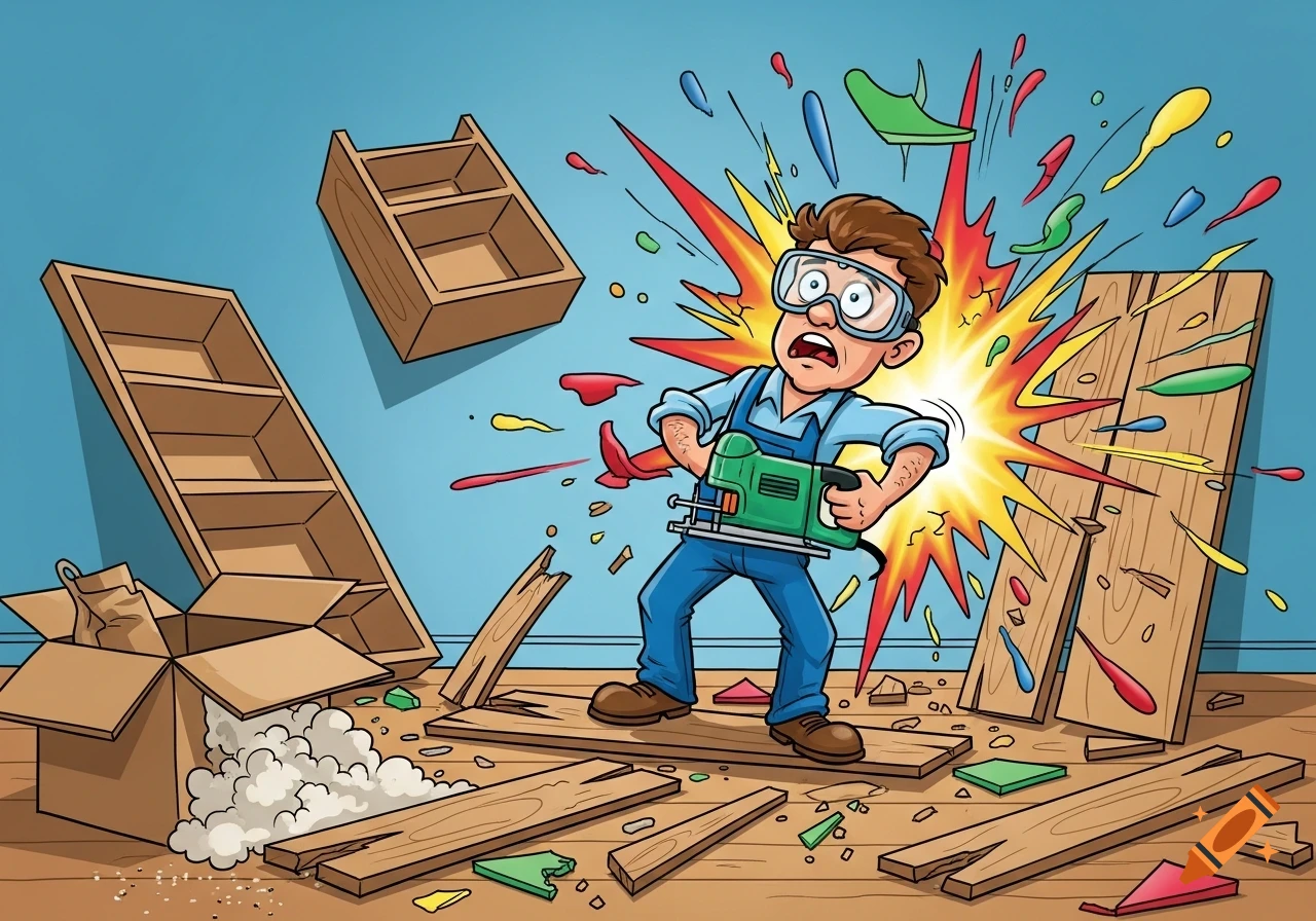 A panicked cartoon man with goggles holds a jigsaw amidst a chaotic explosion of colorful debris and broken wood from a failed DIY project.