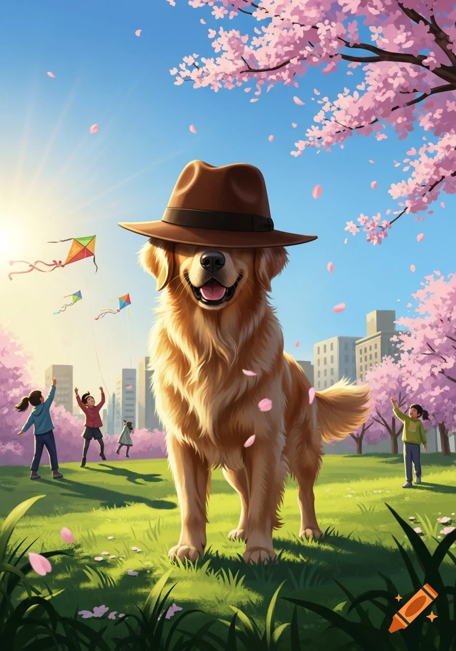 An illustrated golden retriever wearing a brown fedora smiles in a park under pink cherry blossoms, with children flying kites and city buildings in the background.
