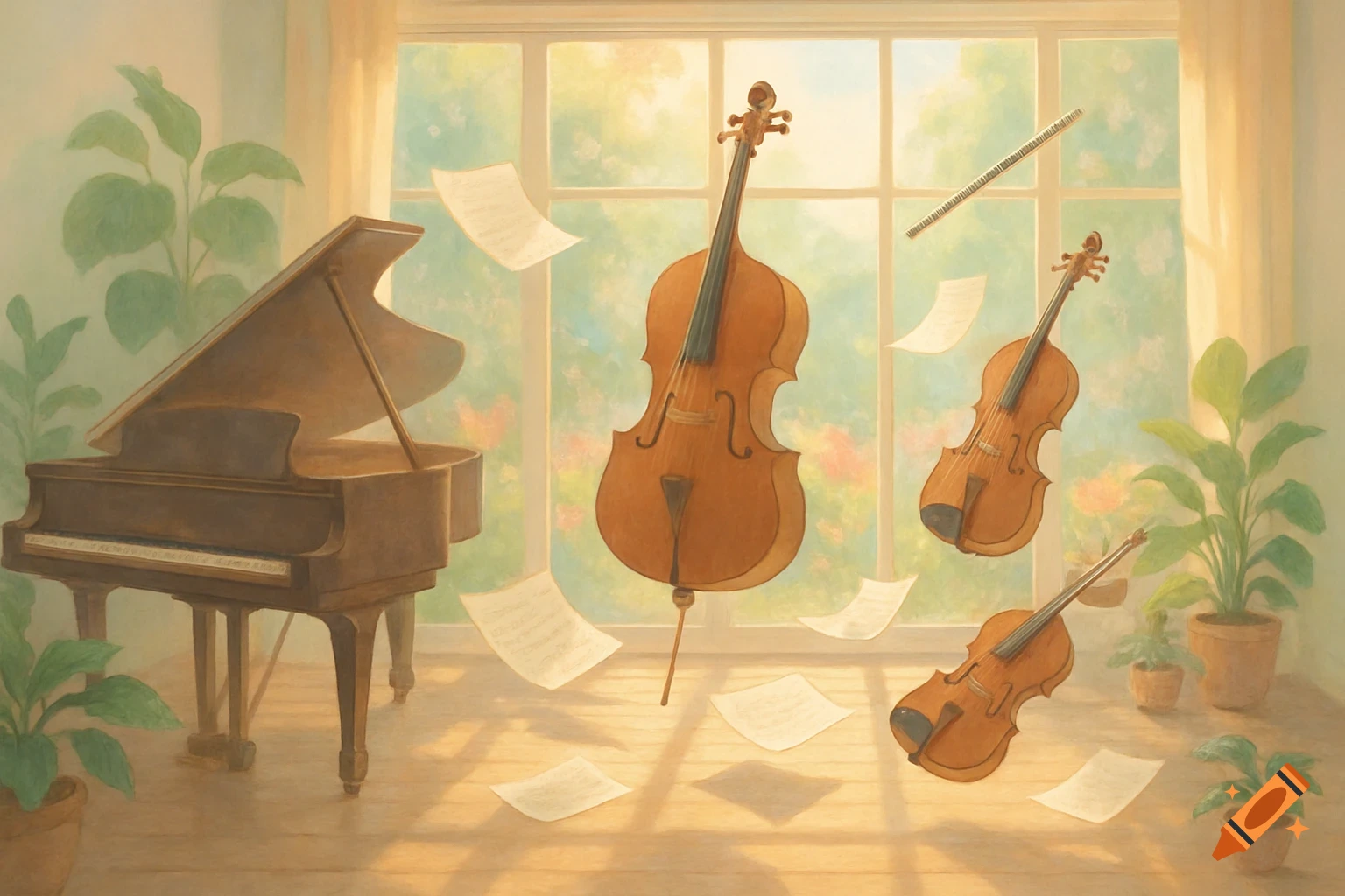 A whimsical painting of a sunlit music room with a grand piano, floating cello, violins, flute, and sheet music. Green plants are by large windows looking out to a garden.