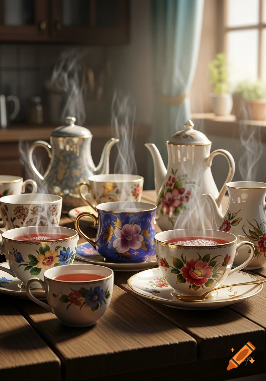 Several steaming teacups and decorative teapots with floral patterns sit on a wooden table, in a warm, photorealistic style.