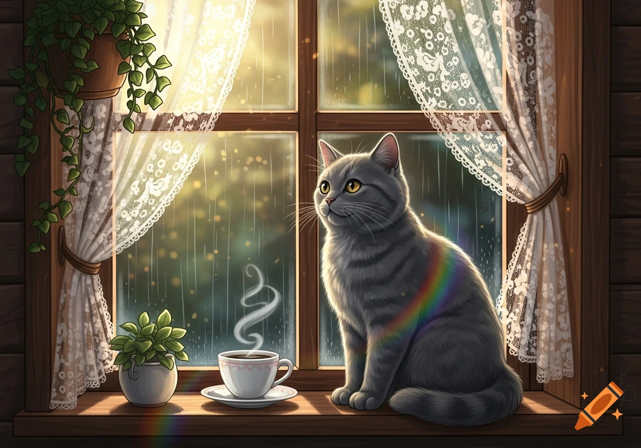 A gray cat sits on a window sill next to a steaming coffee cup and potted plant, looking out at a rainy scene through lace curtains with a rainbow effect. Illustrated style.