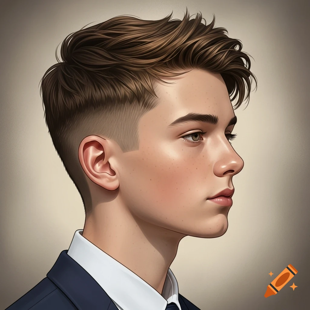 Stylized drawing of a teenage boy in profile with brown wavy hair, a fade haircut, and freckles, wearing a suit.