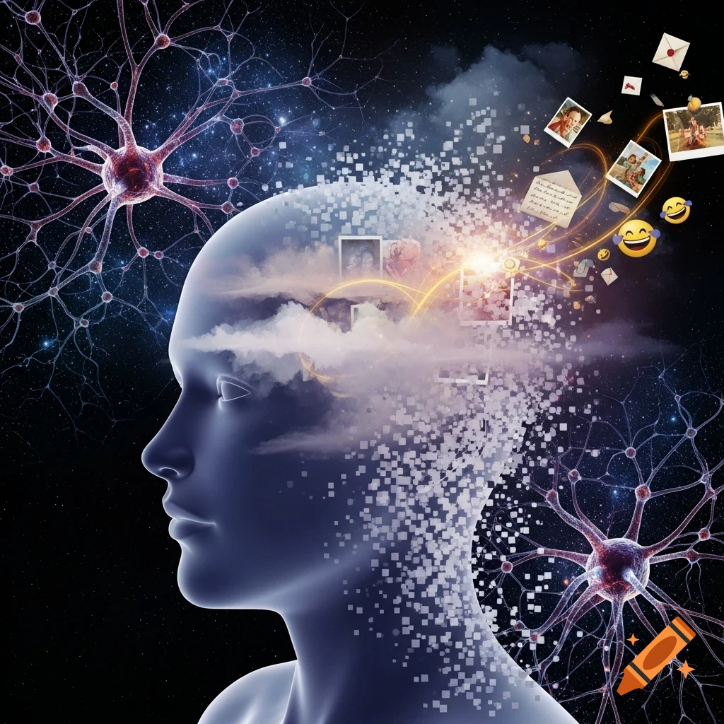 Stylized human head with memories dissolving into pixels and fragments, surrounded by neural networks on a dark background.