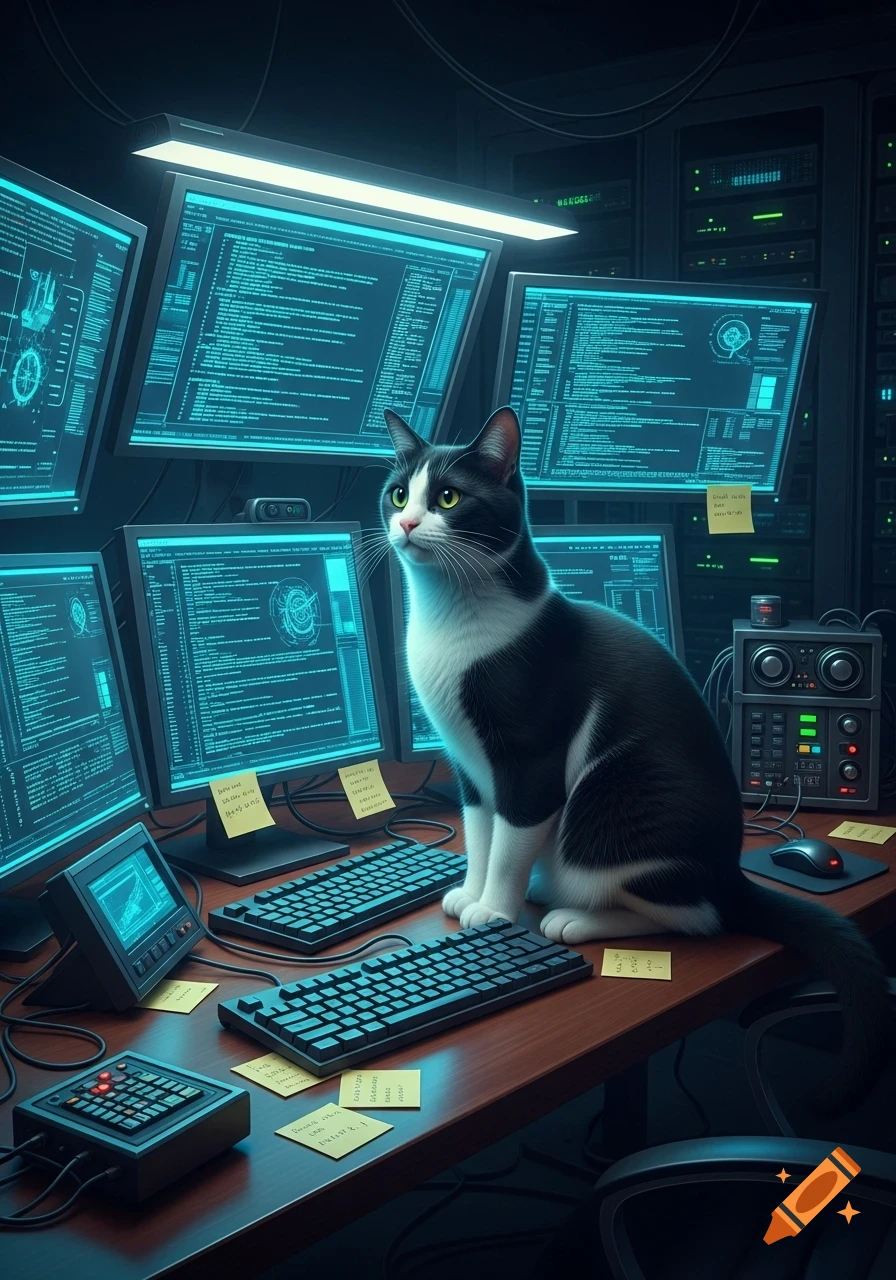 A black and white cat sits on a desk surrounded by multiple computer monitors displaying glowing blue code in a server room.