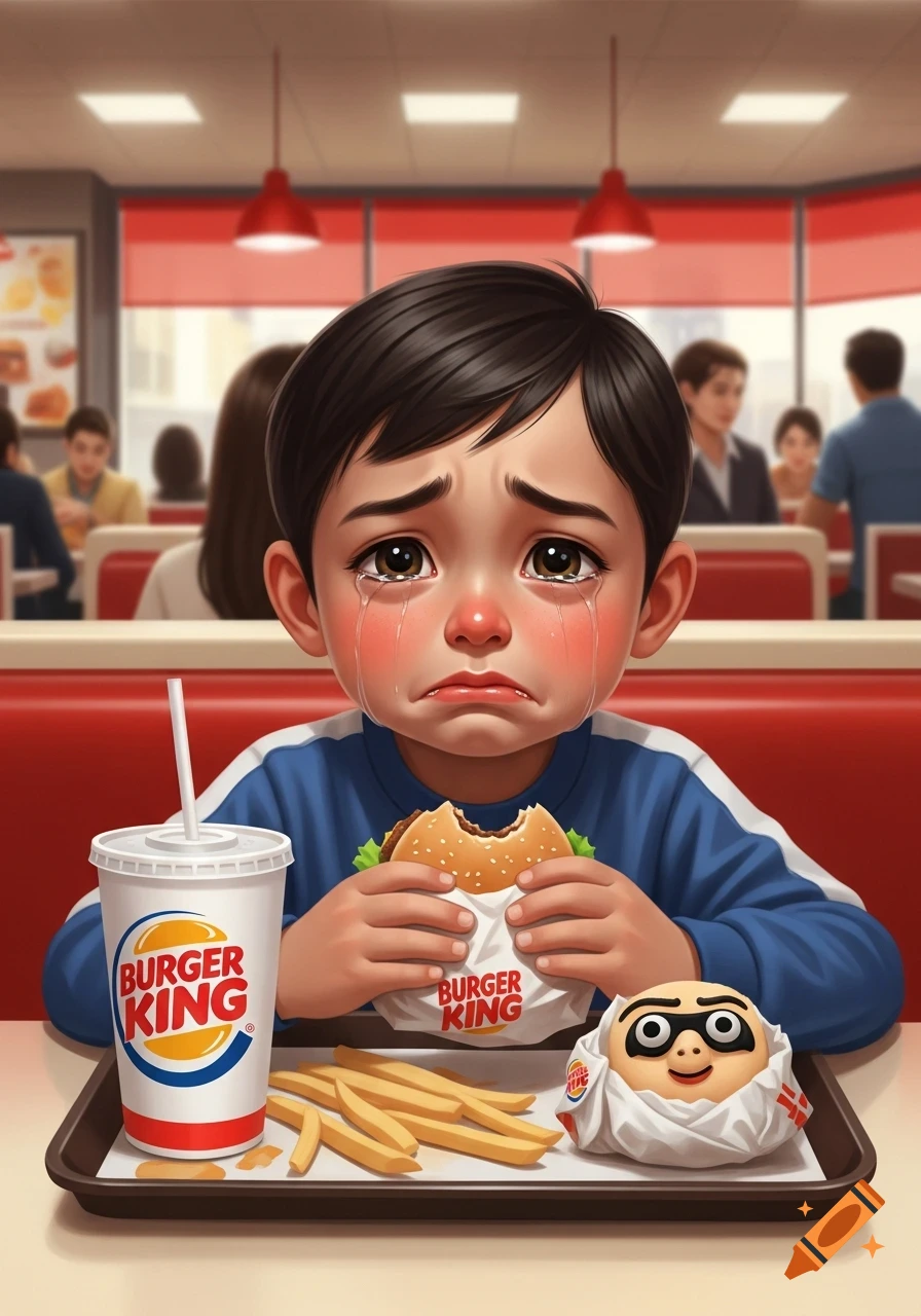 A crying Asian boy with tears streaming down his face sits at a Burger King booth, holding a half-eaten burger with fries and a drink on a tray.
