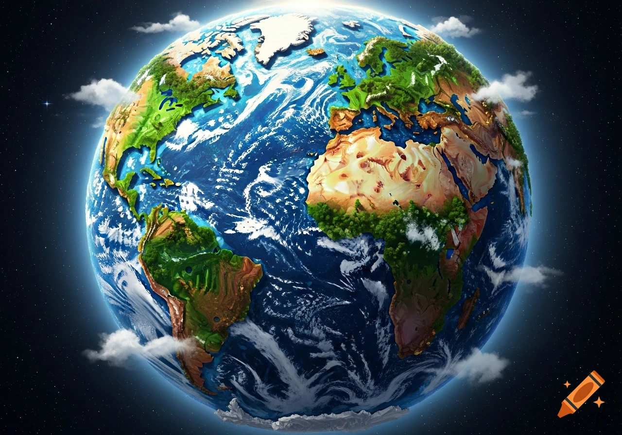 Stylized view of planet Earth from space, showing detailed continents, blue oceans, white clouds, and stars in the background.