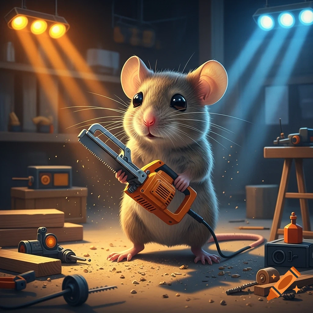 A cute mouse stands in a workshop, holding a small orange and silver power saw. Wood shavings are on the floor. Digital art.