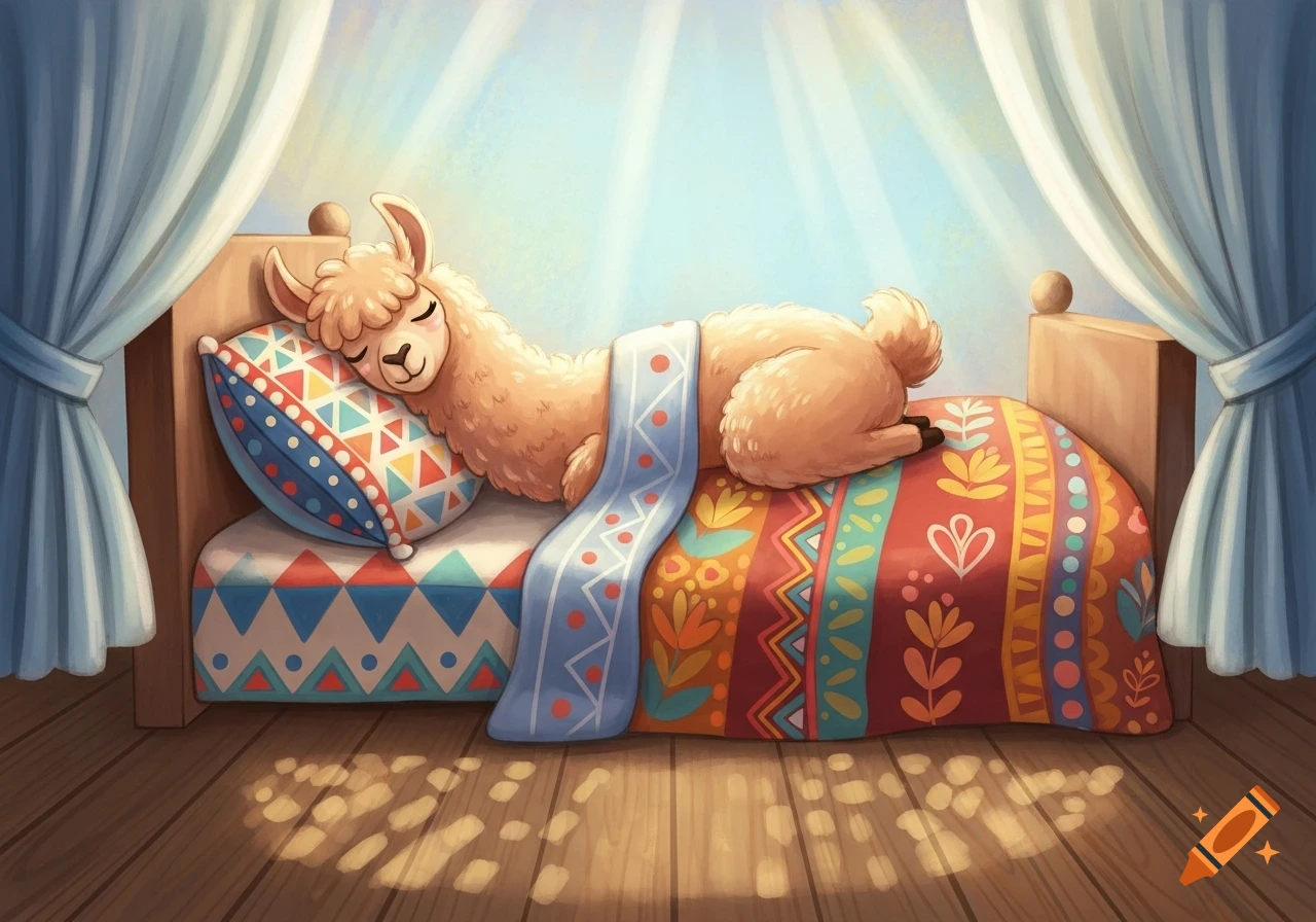 A cute fluffy llama sleeps peacefully in a cozy bed with colorful patterned bedding, sunlight streaming through curtains.