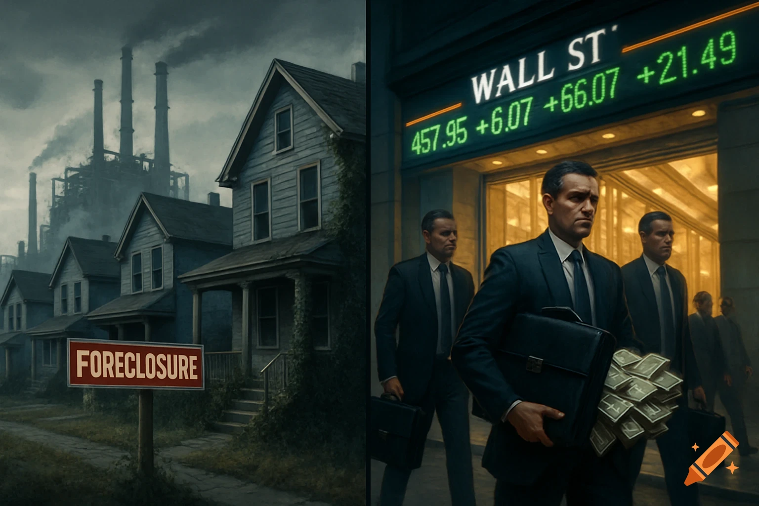 Split image: foreclosed houses with polluting factories on left, businessmen with cash and Wall Street ticker on right.