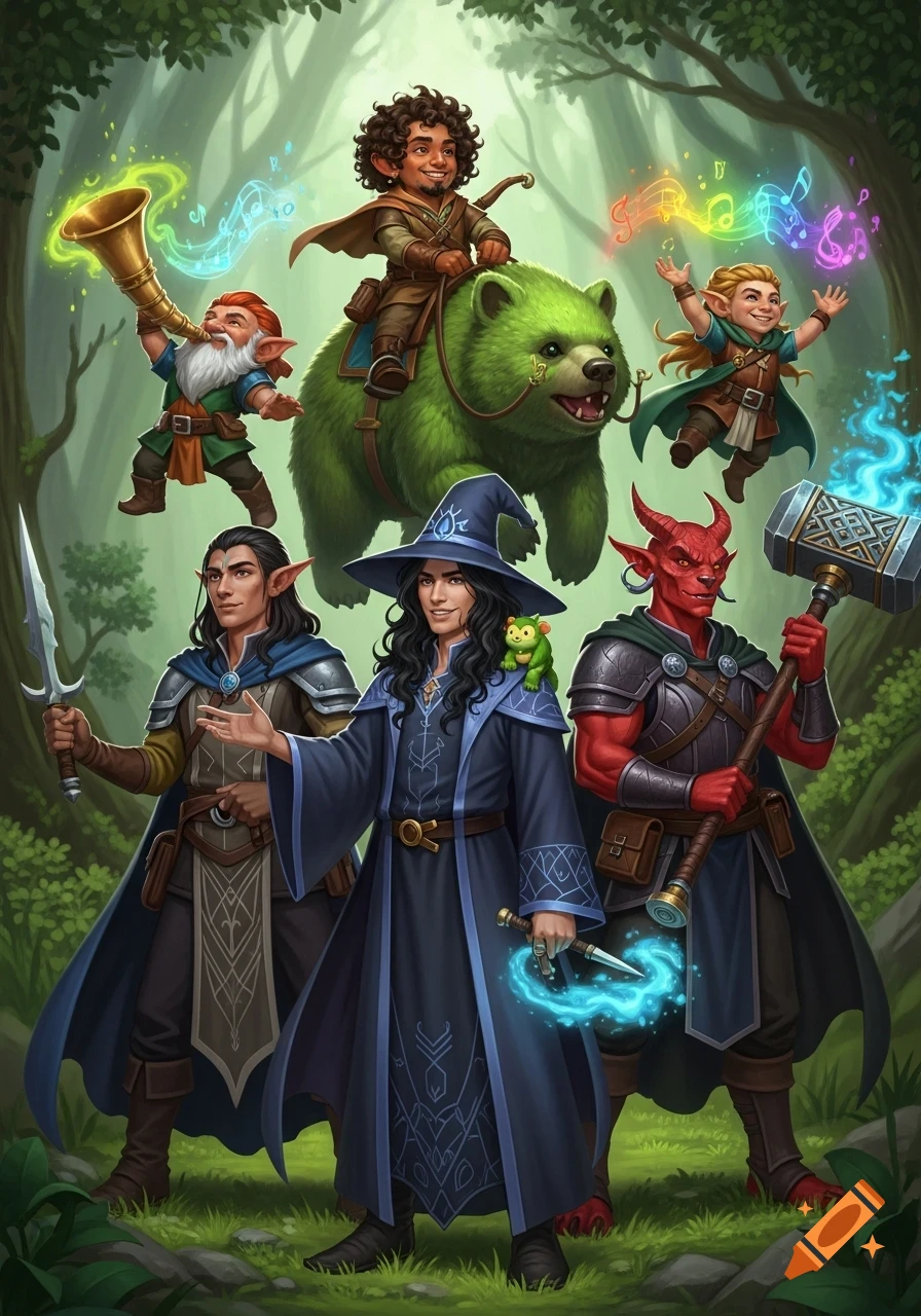 A diverse group of fantasy characters, including a wizard, fighter, ranger on a moss-bear, gnome bard, and elf cleric, stand in a forest.