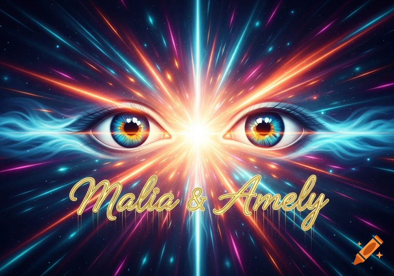 Two vibrant, wide-open eyes with colorful irises on a dark, cosmic background, emitting bright, multicolored light rays. Golden text reads Malia & Amely.