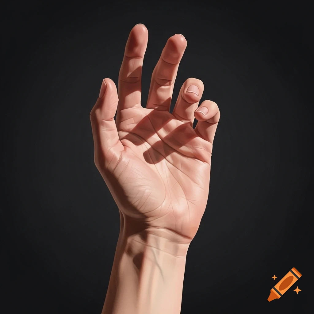 A detailed illustration of a fair-skinned human hand reaching upwards, with strong shadows and highlights against a dark background.