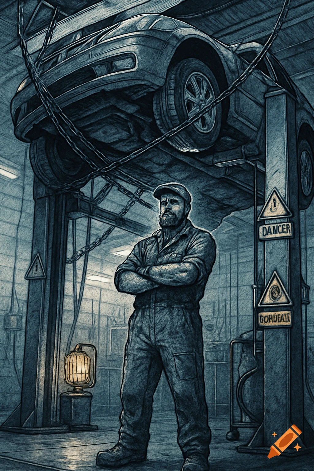 A bearded mechanic in overalls stands with arms crossed under a car hoisted on a garage lift, depicted in a stylized illustration.