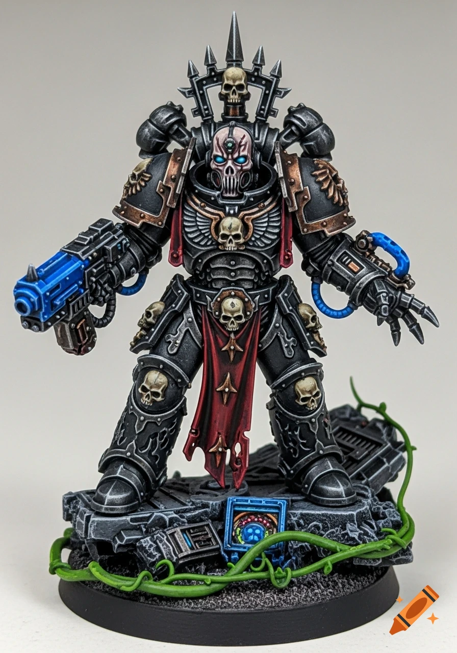 Highly detailed painted miniature of a black and bronze armored sci-fi warrior with glowing blue eyes, holding a gun, on a rocky base.
