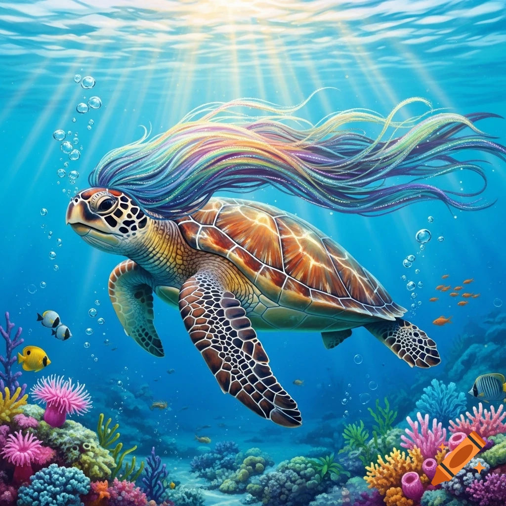 A vibrant sea turtle with long, rainbow-colored hair swims gracefully through a sunlit coral reef with fish and colorful corals.