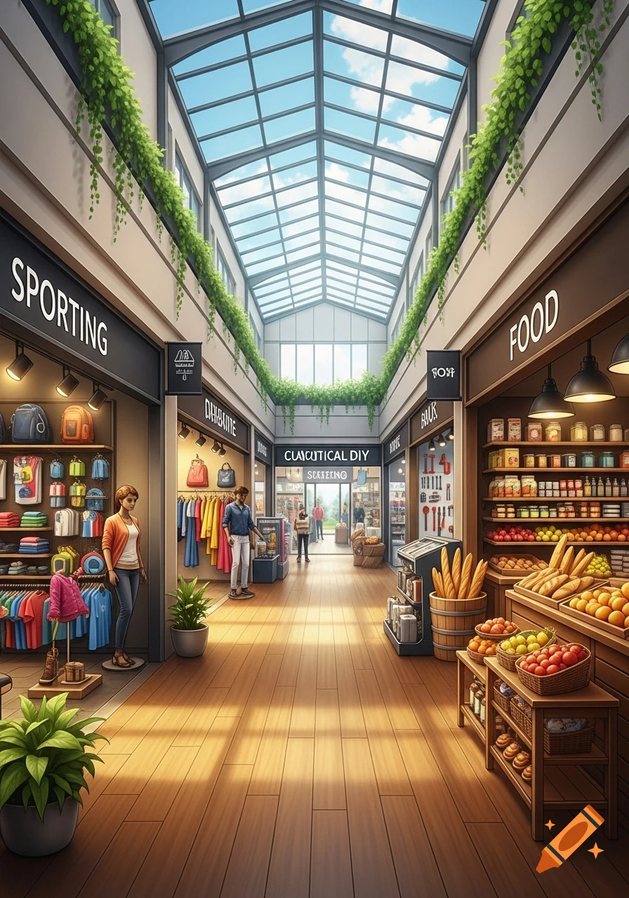 A bright, modern shopping mall interior with a skylight, featuring stores like Sporting, Food, and DIY, with people shopping.
