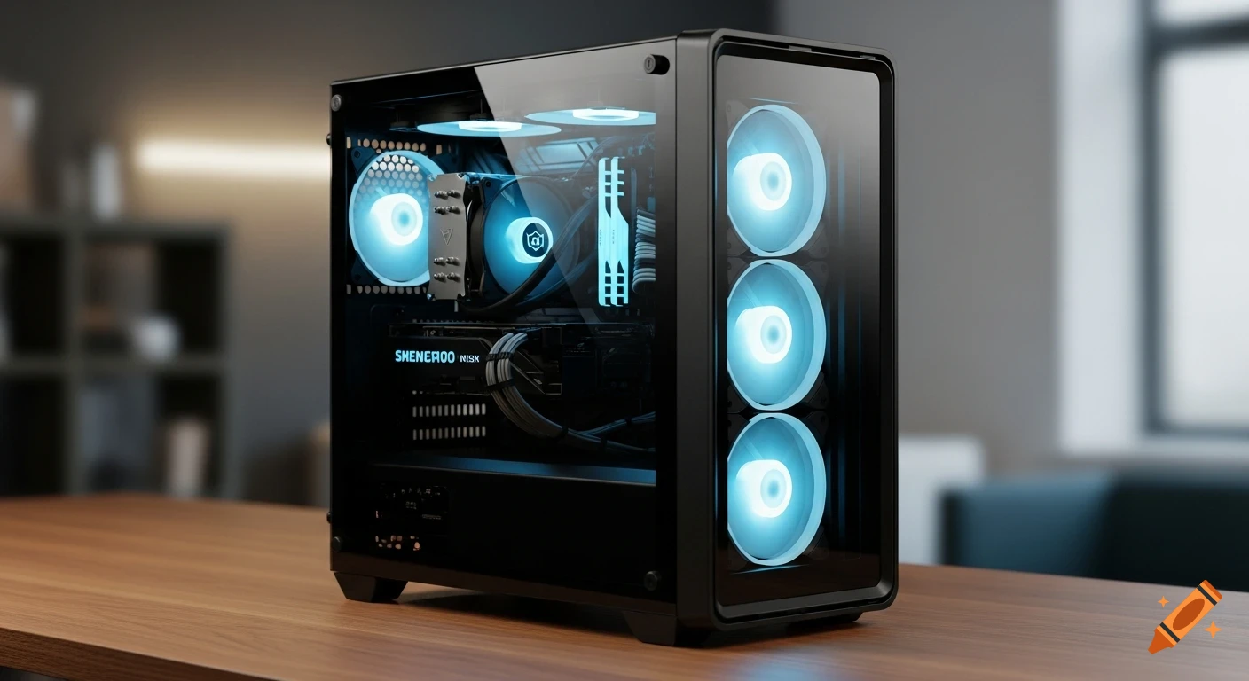 A black mid-tower PC with a glass side panel and light blue RGB fans, resembling a realistic product photo.