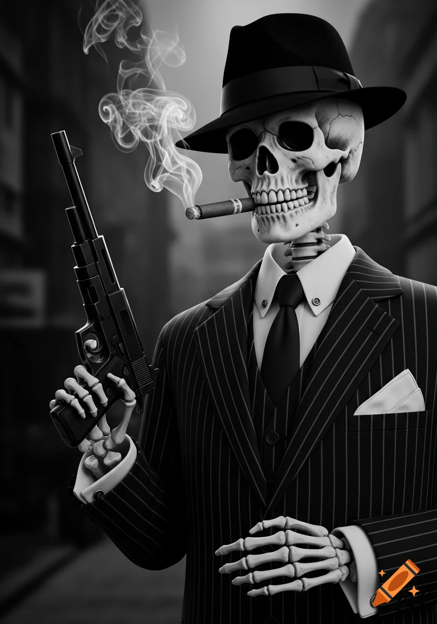 A black and white image of a skeleton gangster in a pinstripe suit and fedora, smoking a cigar and holding a Tommy Gun.