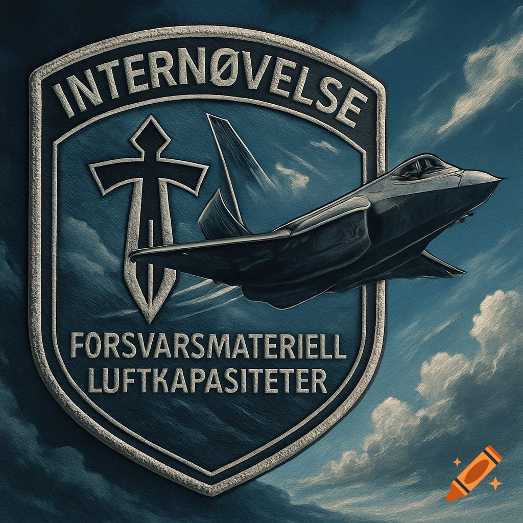 Military patch featuring an F-35 fighter jet, a cross, and text: 'INTERNØVELSE FORSVARSMATERIELL LUFTKAPASITETER'.