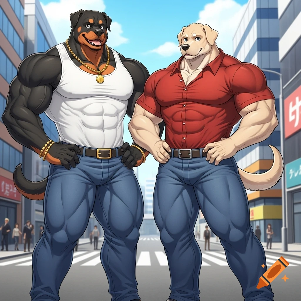 Anime-style illustration of two muscular anthropomorphic dogs, a Rottweiler and a Labrador, standing on a city street.