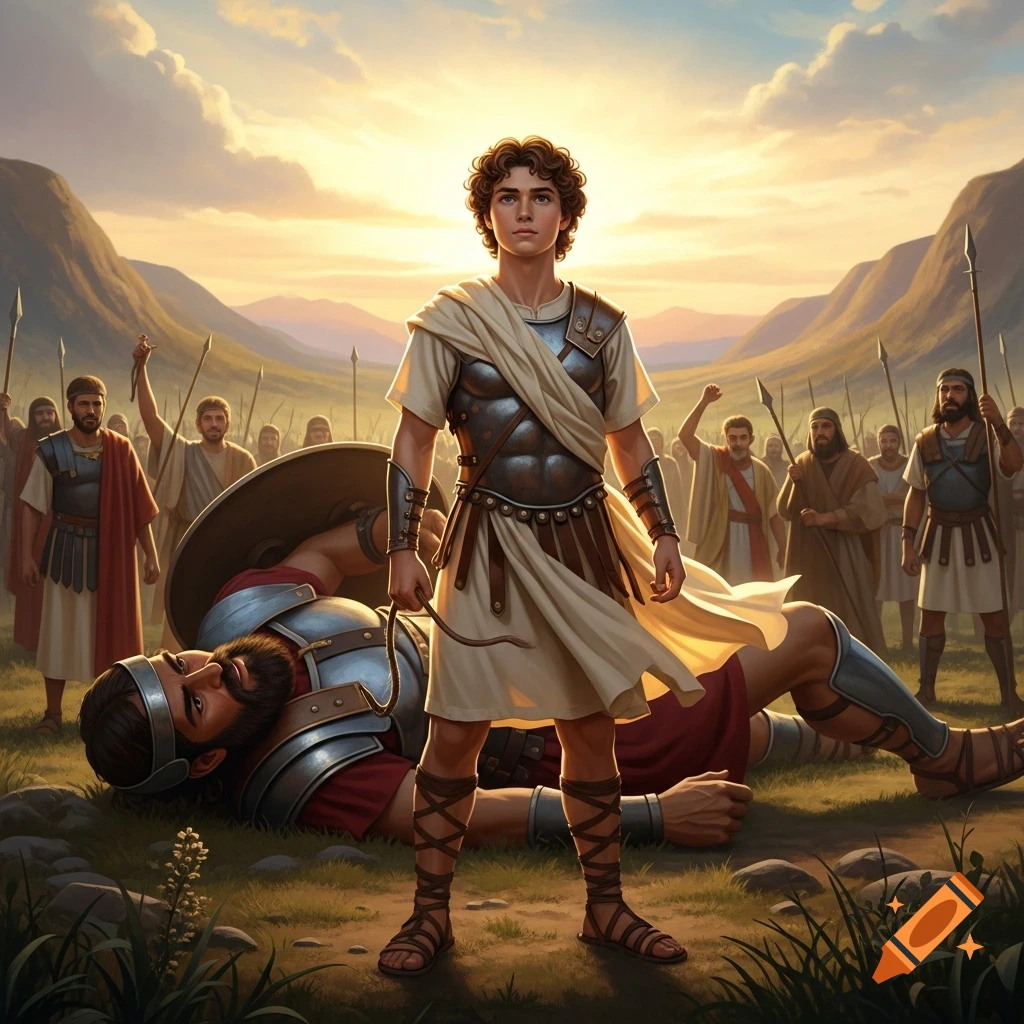 A young David, holding a sling, stands victorious over a defeated giant Goliath on a battlefield at sunrise, with soldiers watching.