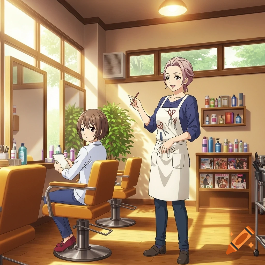 Two anime-style women in a sunny hair salon, one standing with a pen, the other seated and writing in a notebook.