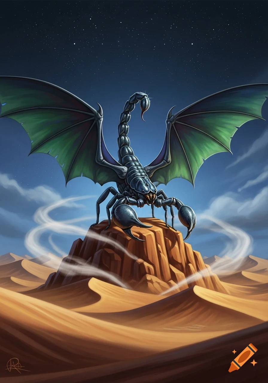A detailed illustration of a dark winged scorpion standing atop a rocky peak in a vast desert under a starry night sky.