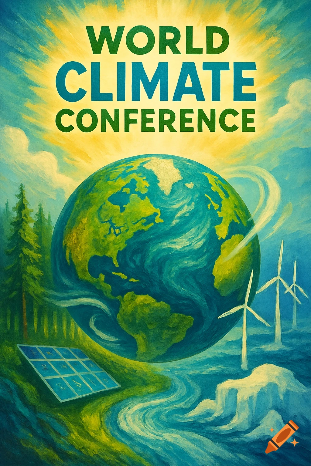 Painterly poster for World Climate Conference featuring a large Earth, evergreen trees, solar panels, wind turbines, and melting ice.