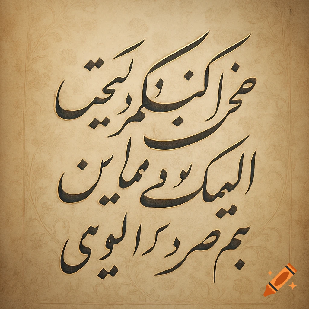 Ornate Persian calligraphy in dark script with golden outlines on a textured beige background with subtle floral patterns.