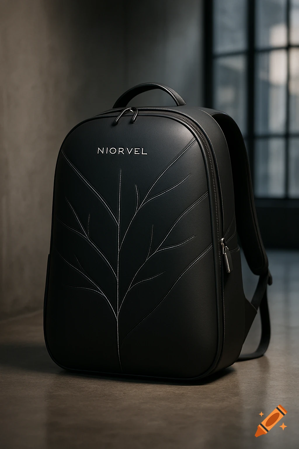 A sleek black leather backpack with "NIORVEL" branding and an embossed leaf-vein design, standing on a concrete floor in a modern setting.